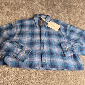 NEW Urban Renewal Womens Raw Crop Flannel Shirt Blue Teal Plaid Reworked S/M